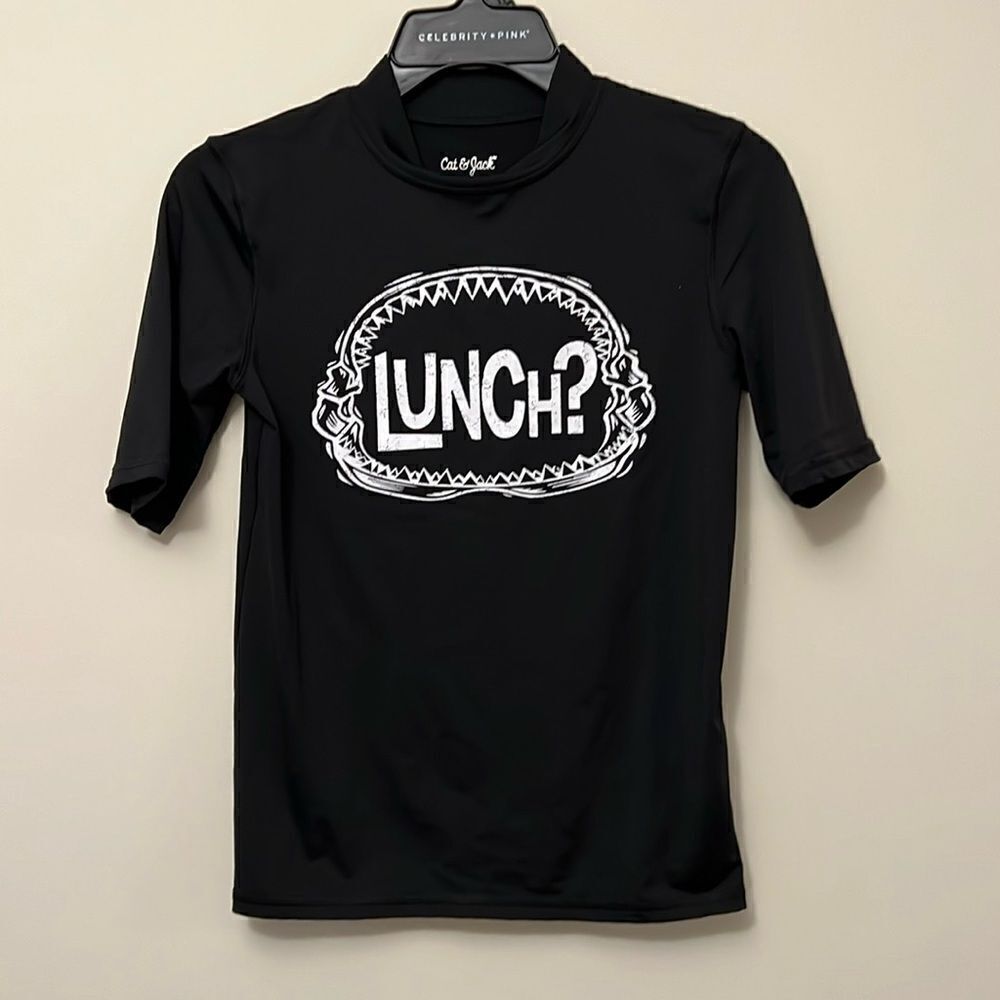 Cat & Jack youth boys size large(12/14) black Lunch swim shirt.